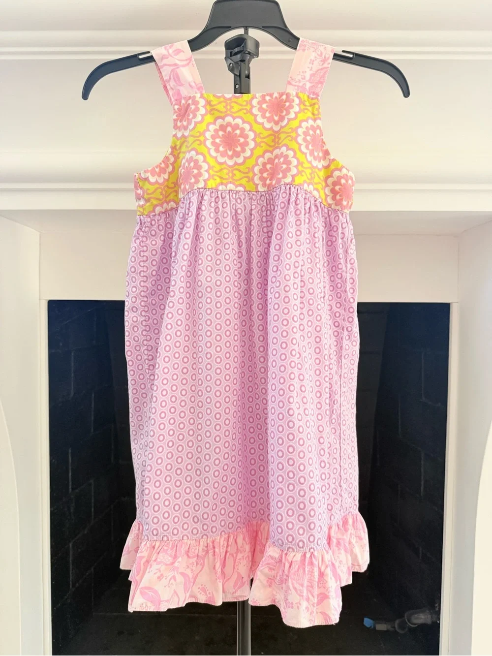 Girls Pink & Yellow Floral Tie-Shoulder Dress